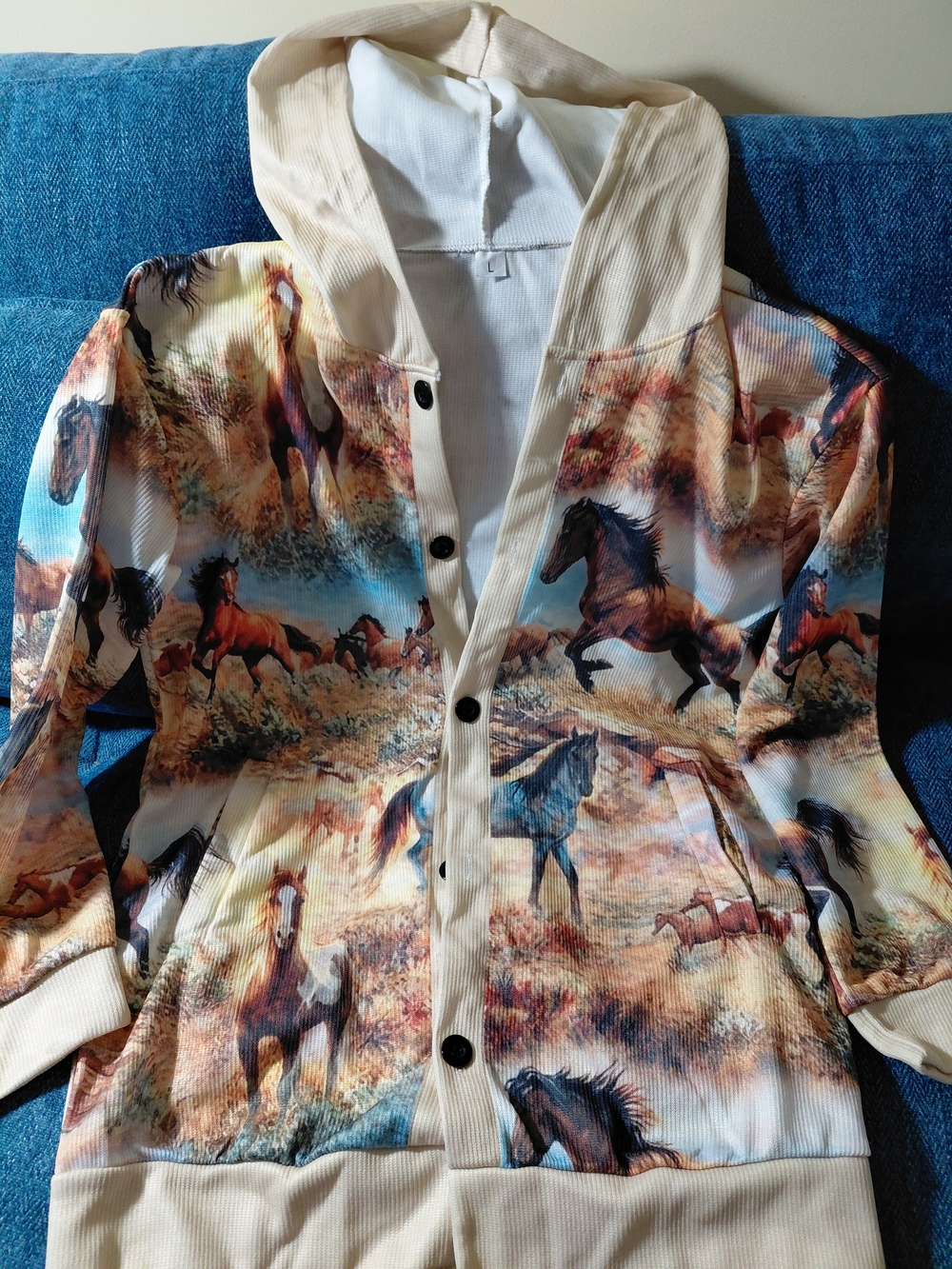 Horse Print Hooded Button-Up Jacket - Cream & Multicolor